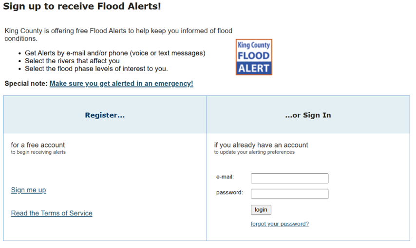 Screenshot of what Flood Alerts page will show when you go to sign up.