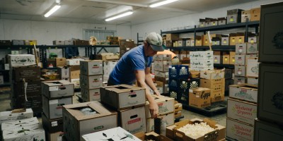 Man in blue shirt with a grey cap leans over to organize a box of mushrooms in a room filled with boxes of produce stacked on top of each other.